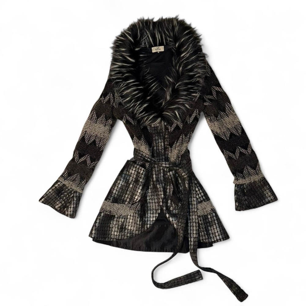 Delfine Belted Statement Coat with Faux Fur Collar - Small